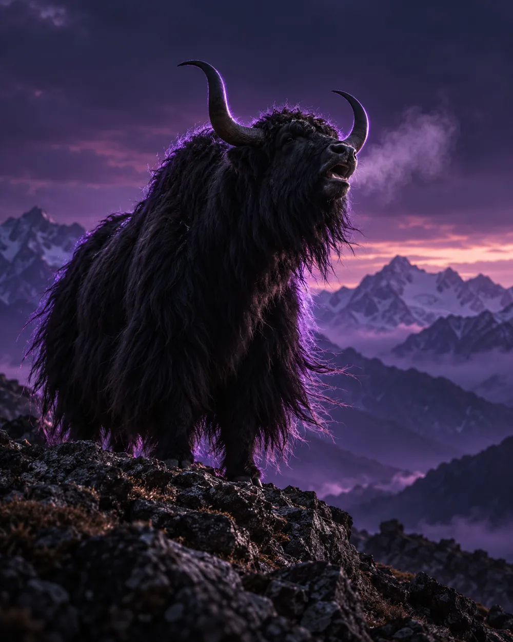 A shaggy black yak bellowing on a mountain ridge at dusk, rim-lit in violet